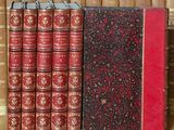 plusieurs vieux livres posés sur une étagère devant une rangée de vieux livres