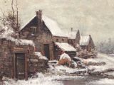 painting of a village in winter with snow on the ground