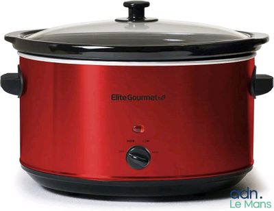 an image of a red slow cooker on a white background