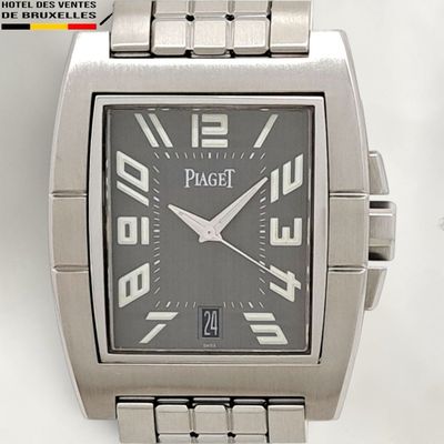 a silver watch with a black face on a white background