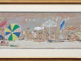a painting of a beach scene with people and umbrellas