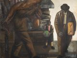 a painting of a man and a woman walking down the street