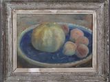 an oil painting of a bowl of peaches and a pear on a blue plate