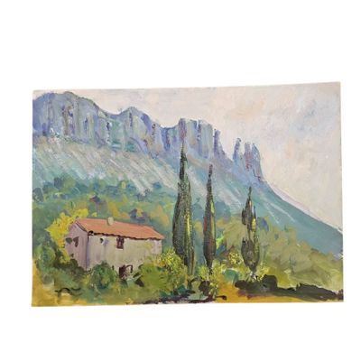 une peinture à l'huile représentant un paysage de montagne avec une maison au premier plan et des arbres au premier plan