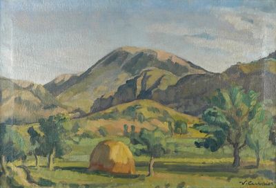 an oil painting of a field with a hay bail and mountains in the background