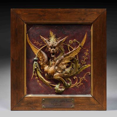 une image représentant un dragon et un dragon sur une plaque