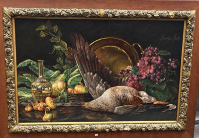 une photo d'un tableau représentant un canard et des fruits