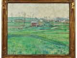 un tableau représentant un champ vert avec une ferme en arrière-plan