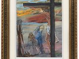 an oil painting of jesus on the cross with a group of people