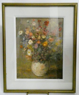 painting of a vase of flowers in a gold frame on a table