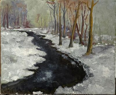 painting of a stream running through a snow covered forest in winter