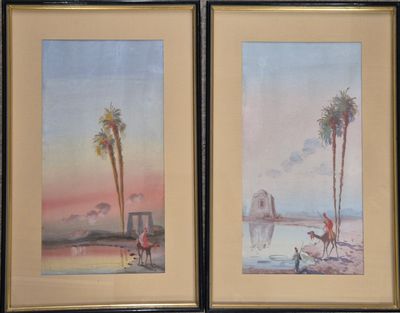 une paire d'aquarelles représentant des chevaux et des palmiers sur une plage
