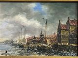 a painting of a harbor scene with boats on the water