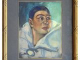 an oil painting of a woman in a white shirt and blue head scarf