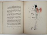 an open book with a drawing of a woman in a dress
