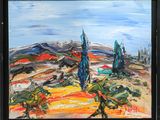 an oil painting of a landscape with trees and mountains in the background