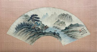 painting of a fan with a mountain scene painted on it