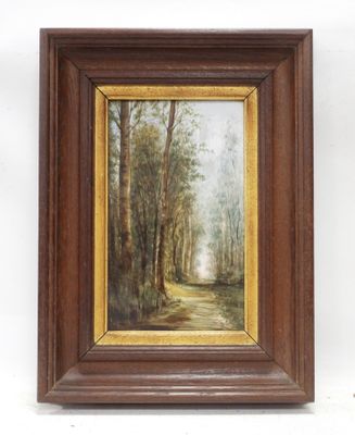 an oil painting of a wooded road with trees and a person