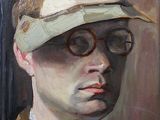 painting of a man wearing a hat and glasses in front of a wooden door