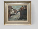 an image of a painting of a street with buildings in the background