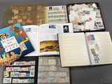 a lot of stamps and a book on the table