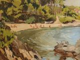 une peinture à l'huile représentant une scène de plage avec des personnes sur le rivage