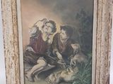 tableau représentant une femme et un enfant avec un chat posé sur une table