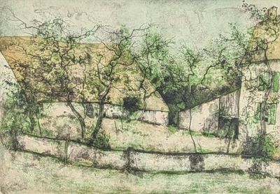 drawing of an old farm with a fence and trees in the foreground