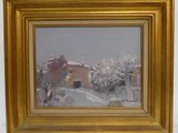 une peinture à l'huile d'un paysage enneigé avec une maison à l'arrière-plan