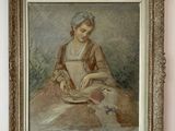painting of a woman reading a book on a table in a room