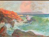 peinture représentant une peinture d'une personne sur une planche de surf chevauchant une vague