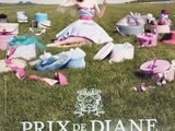 poster of a woman sitting in a field with a lot of clothes