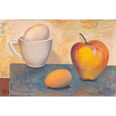 un tableau représentant une pomme et un œuf posés sur une table