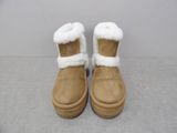 someone is wearing a pair of brown boots with white fur on them