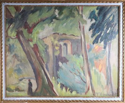 an oil painting of a man standing in front of a building