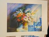 a picture of a painting of a vase of flowers on a table