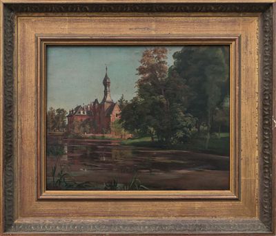 an oil painting of a church in a wooded setting