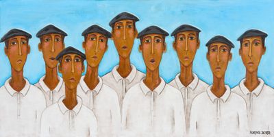 tableau représentant un groupe d'hommes en chemise blanche et chapeau noir
