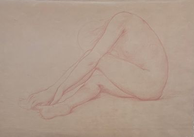 dessin représentant une femme nue assise par terre, les jambes croisées