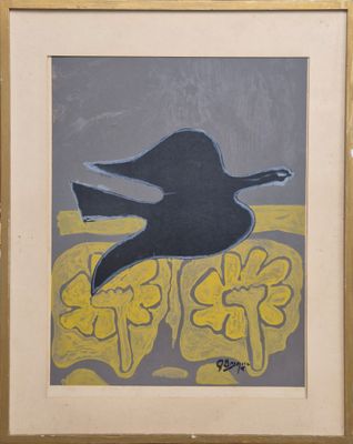 tableau représentant un oiseau noir survolant une fleur jaune, dans un cadre doré