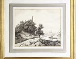 un dessin représentant un paysage avec des arbres et des rochers, dans un cadre doré