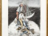 a painting of a man and woman on a boat in the ocean