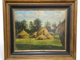 an oil painting of a farm scene with hay stacks in the foreground