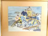 a picture of a painting of people on a boat in the water