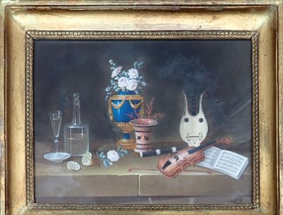 un tableau représentant un vase de fleurs et un violon posés sur une table
