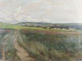 une peinture à l'huile représentant un chemin de terre menant à un champ d'herbe