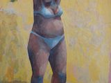 une peinture à l'huile représentant une femme en bikini, avec une serviette sur la tête