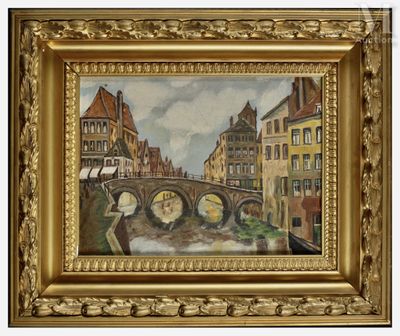 une image représentant un tableau d'un pont enjambant une rivière, avec des bâtiments en arrière-plan