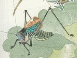 a painting of a grasshopper and a bug on a branch