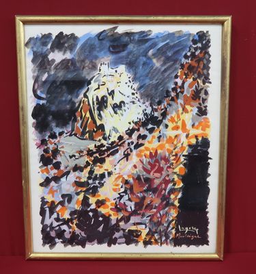 une image représentant un tableau où l'on voit un chien dans un champ de fleurs